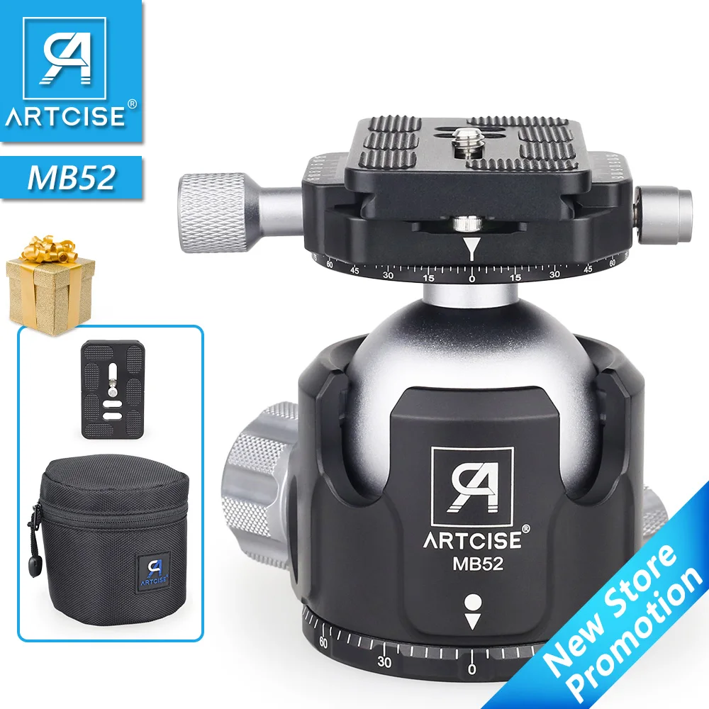 

Low Profile Tripod Head Universal Panoramic Ball head for Camera CNC Metal 52mm Ballhead Mount with extra Quick Release Plate