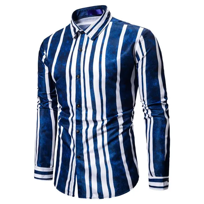 Мужская рубашка с длинным рукавом, градиентный рисунок в полоску, Camisa Social, рубашка для мужчин, приталенная Мужская блузка, Новинка - Цвет: Blue 1815-C889-F40