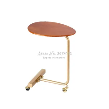 

Mobile Wrought Iron Sofa Corner Table Bedside Reading Table Creative Small Coffee Table with Wheels Wooden Oval desktop