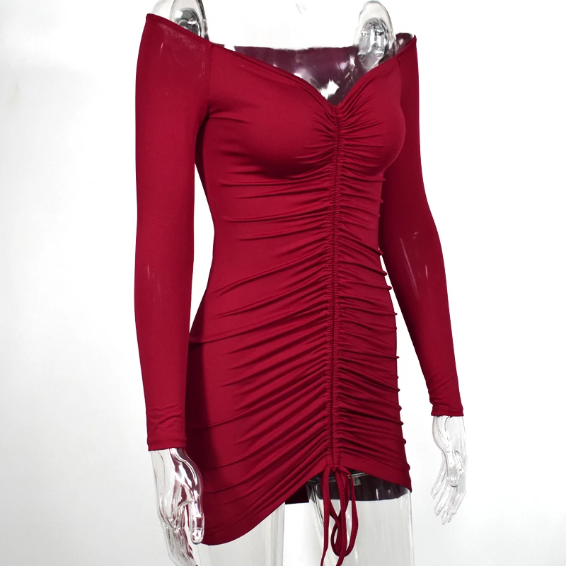 Невозьму 2 слоя осеннее платье Для женщин с открытыми плечами Drawstring Ruched Bodycon платье женские вечерние Клубные пикантные зимнее платье