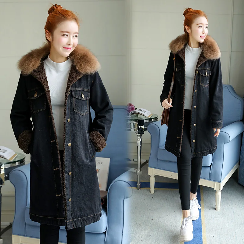 

New Style Winter Cotton-padded Clothes Women's Mid-length Loose Thick plus Velvet Lambs Wool Jeans Coat Cotton-padded Jacket