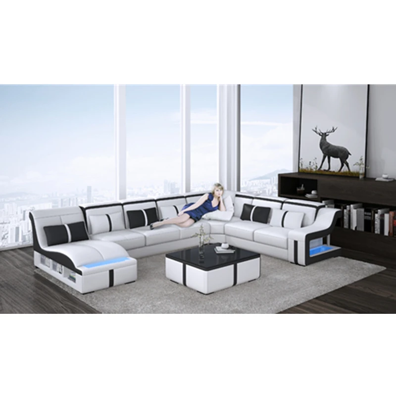 Высококачественный современный дизайн u-образный диван для гостиной из натуральной кожи угловой диван