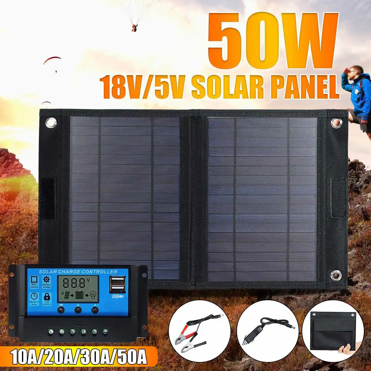 

50W Foldable Solar Panel Solar Cell + 10/20/30/50A Solar Charger Controller for Phone Car Yacht 18V/5V Battery Charger