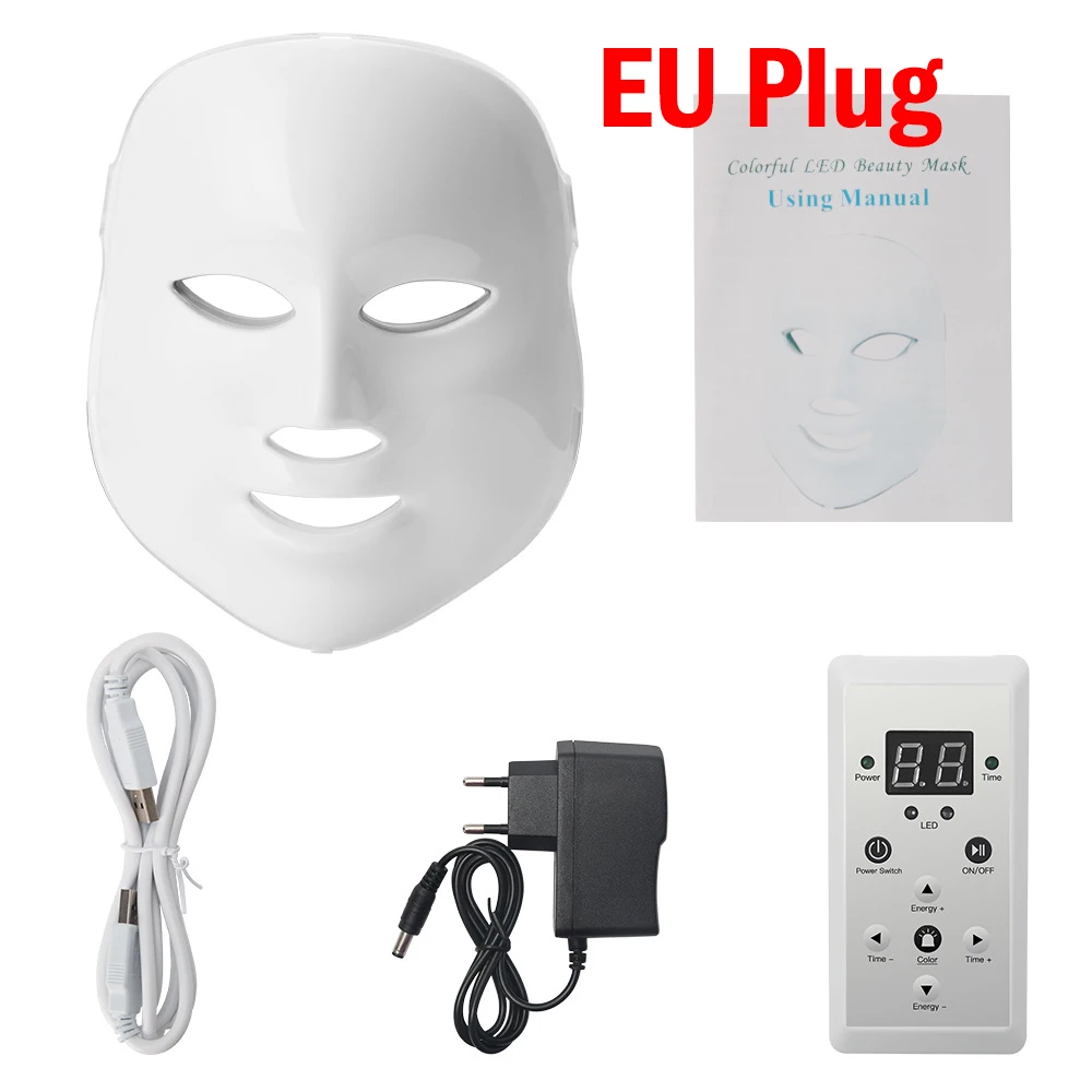 Photon LED Facial Mask Beauty Devices 7colors Light Therapy Skin Care Rejuvenation Wrinkle Acne Removal Face Beauty Spa Dropship - Цвет: EU Plug with box