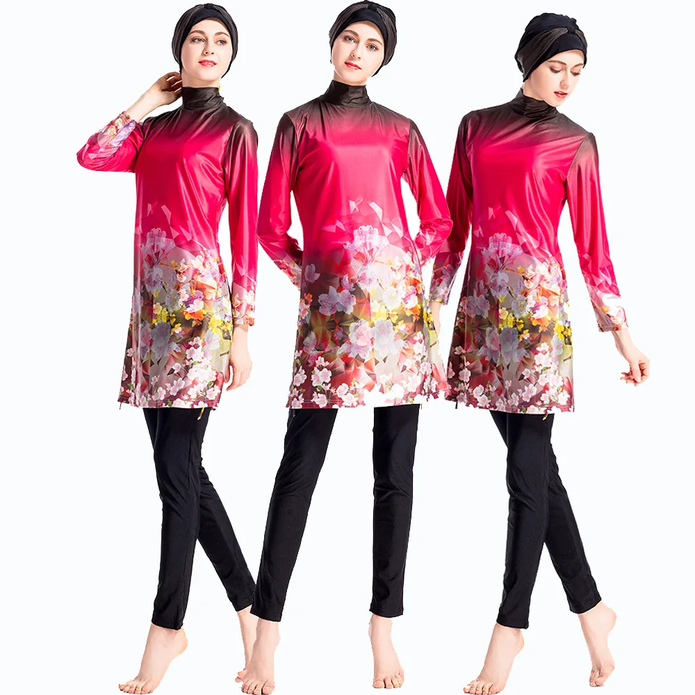 Woman Swimsuit Burkini Flower Print Conservative Swimwear Muslim Islamic Women's Swim Surf Wear Modest Beach Bathing Suit 3in1