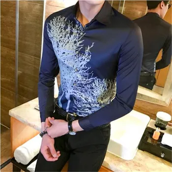 

Party Mens Dress Shirts Camisa Social Masculina Fitted Dress Shirts Men Oversize Black White Blue Big Printed Club Male Clothi