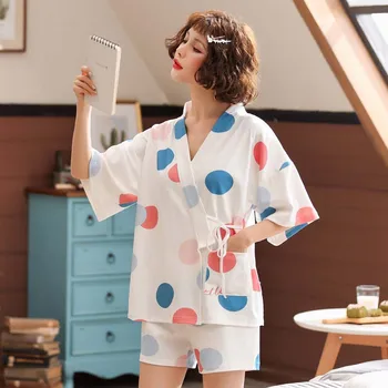 

Summer New Ladies Pajamas Set Full Cotton Comfort Loose 2Pcs Kimono Sleepwear Fresh Style Blue&Pink Dot Casual Homewear Set
