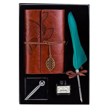 

Stationery Gift Set Vintage Leather Notebook Feather Fountain Ink Pen Christmas Wedding Friend Diary Birthday Present