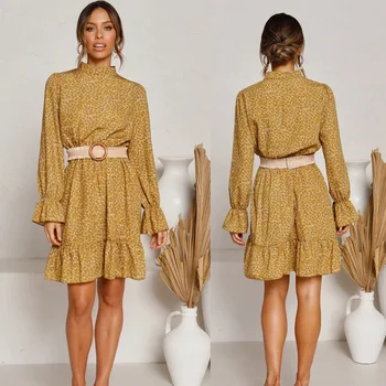 

Currently Available Cross Border Foreign Trade 2020 Autumn & Winter Sweet Elegant WOMEN'S Dress Printed Long Sleeve Crew Neck Fl