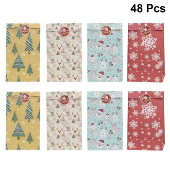 

48 pcs Food Bags Square Bottom Christmas Patterns Paper Oilproof Pastry Pouch for Home Dessert Shop