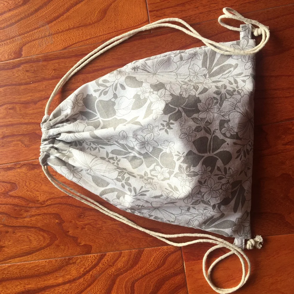 HMS 1pc Cotton Linen Eco Drawstring Student Book Shoes Gift Organised Bag Print Khaki Flower