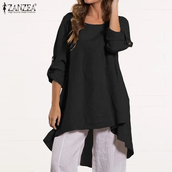 

ZANZEA Women Blouses Plus Size Ladies Solid Work Office Tops High Low Cotton Shirts 2020 Vintage Blusas Femininas Chemiser Mujer