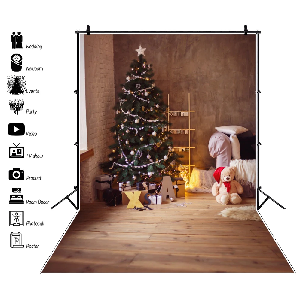 

Vinyl Backdrop Photography Christmas Tree Ladder XMAS Baby Toys Rural Wood Floor Baby Interior Photo Background For Photo Studio