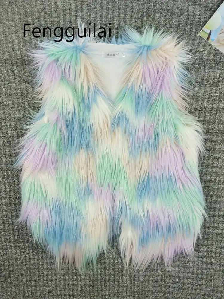 Women's Vest Large Size Faux Fur Coat Artificial Fur Rainbow Women's Fur Coat Vest For Women Ice Cream Color Sleeveless Jacket