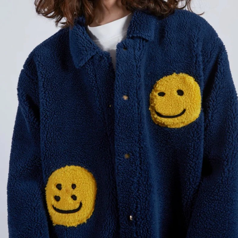 

Black/Blue Long Sleeve Fleece Jacket Patch Pattern At Chest Mesh Lined Hip Hop Relaxed Fit Button Coats Streetwear