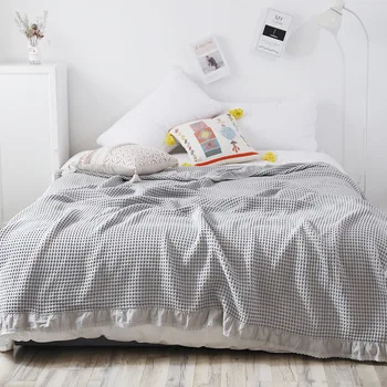 

100% Cotton Waffle Muslin Summer Bedspreads Lace Gray Pink Blankets for Beds Soft Warm Plaid on The Bed Throw Blanket Large