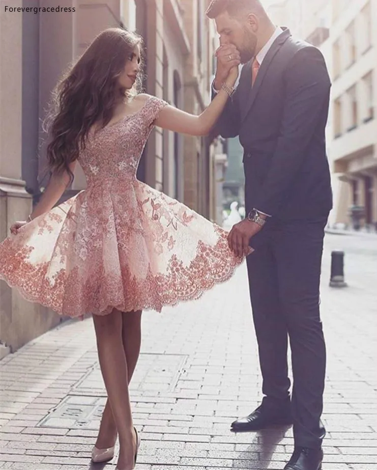 Vintage Lace Appliques Short Homecoming Dresses 2017 New Off Shoulder V Neck Pink Arabic Said Mhamad Party Summer Cocktail Dress  138