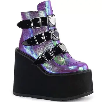 

2020 Metal Buckle Ankel Boots Women Black White Punk Female Platform Boots Women Wedges High Heels Boots Botas Mujer