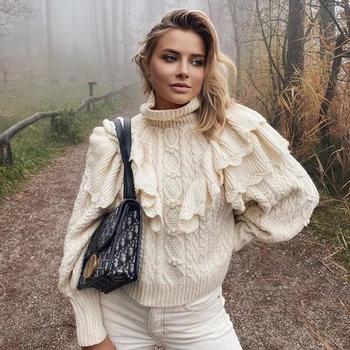

Jastie Knit Ruffle Sweater Pullovers Knitted Turtleneck Long Sleeve Winter Sweaters Loose Casual Jumper Top sueter mujer 2020
