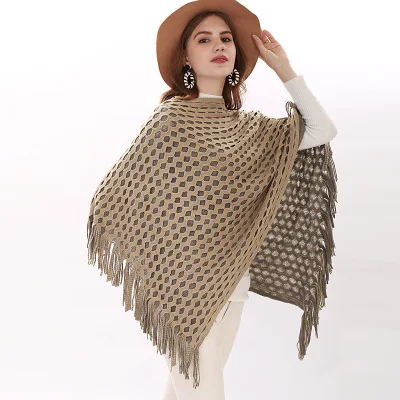 khaki poncho Красное, черное, бежевое женское пончо, вязаный свитер с кисточками, пуловер, Женская свободная шаль, модная рубашка летучая мышь, накидка шарфики для женщин - Цвет: khaki poncho