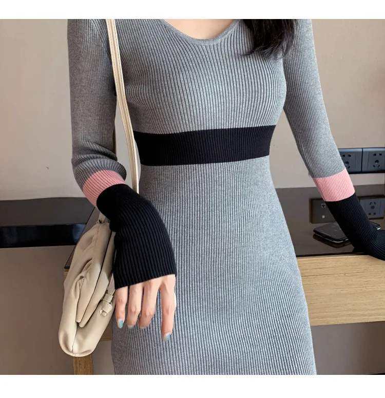 HAYBLST Brand Womens Sweater Dress Fall Winter Sexy Vestidos Kawaii Elegant Korean Style Long Sleeve Knitting Slim Clothing