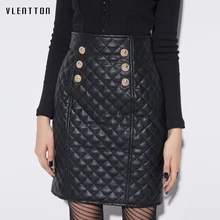 Высококачественная осенне-зимняя Сексуальная мини-юбка из искусственной кожи, Женская клетчатая юбка с металлической пуговицей и высокой талией, женская Юбка Saia Jupe Femme
