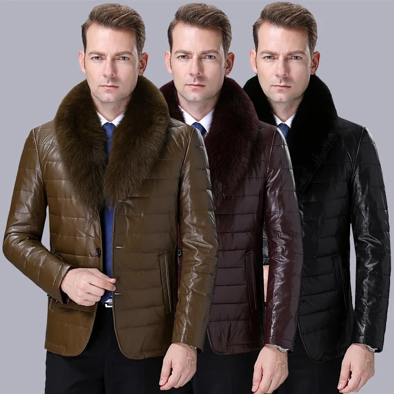 New Style Autumn And Winter Genuine Leather Clothes Men Genuine Leather down Jacket Men's Fox Fur Collar Leather Wind Coat
