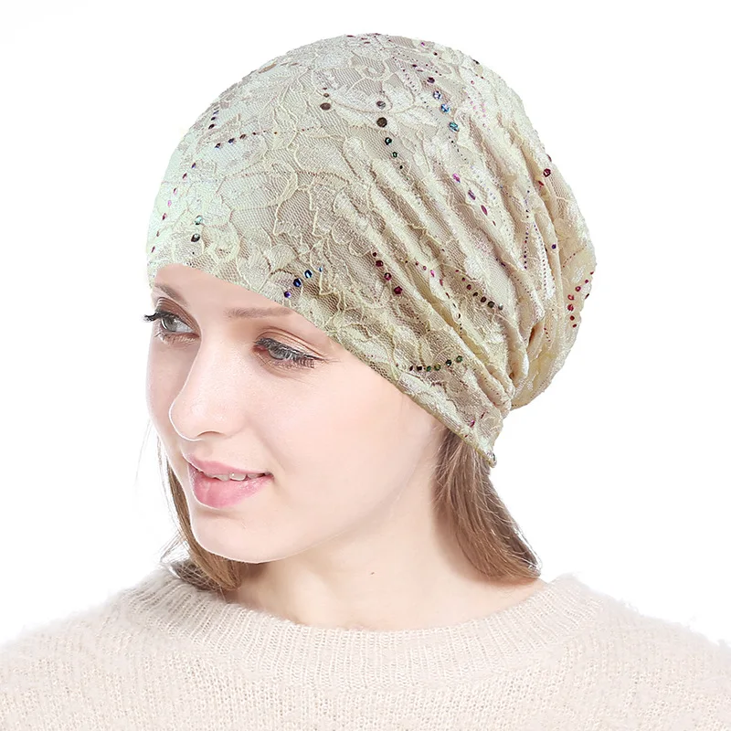 Women Winter Knitted Windproof Warm Cap Female Summer Thin Lace Rhinestone Sports Sunscreen Fold Black Sun Hat K32 3