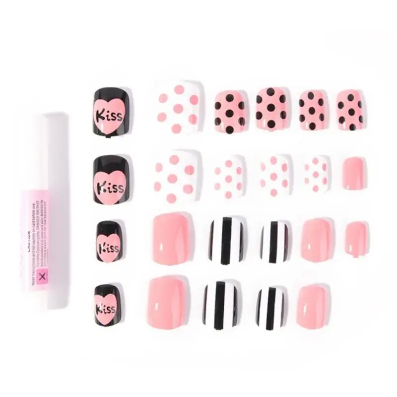 24 шт персональный дизайн ногтей DIY маникюрные украшения поддельные наклейки для ногтей в черный горошек в полоску милые маникюрные инструменты для девочек