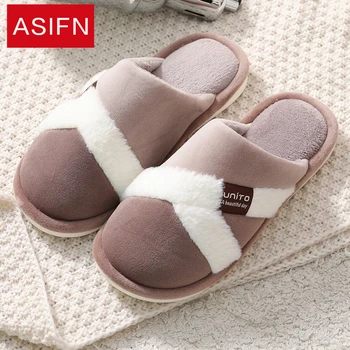 

ASIFN Slippers Winter Men Plush Non-slip Slipper Soft Bottom Cotton Ladies Couple Floor Warm Sweat-absorbent Platform Shoes