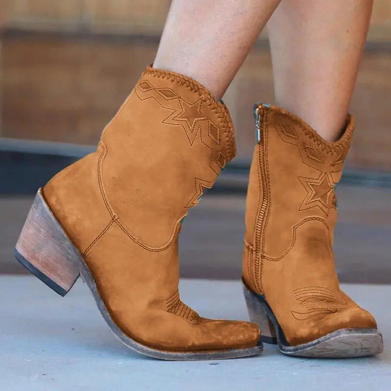 CYSINCOS/женские ботинки на низком каблуке с острым носком; ковбойские ботинки из искусственной кожи в стиле ретро с рисунком звезды; женская обувь