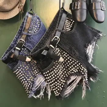 

Heavy work rivets denim shorts women 2020 spring summer 2020 new fashion high waist rivets wide leg jeans shorts