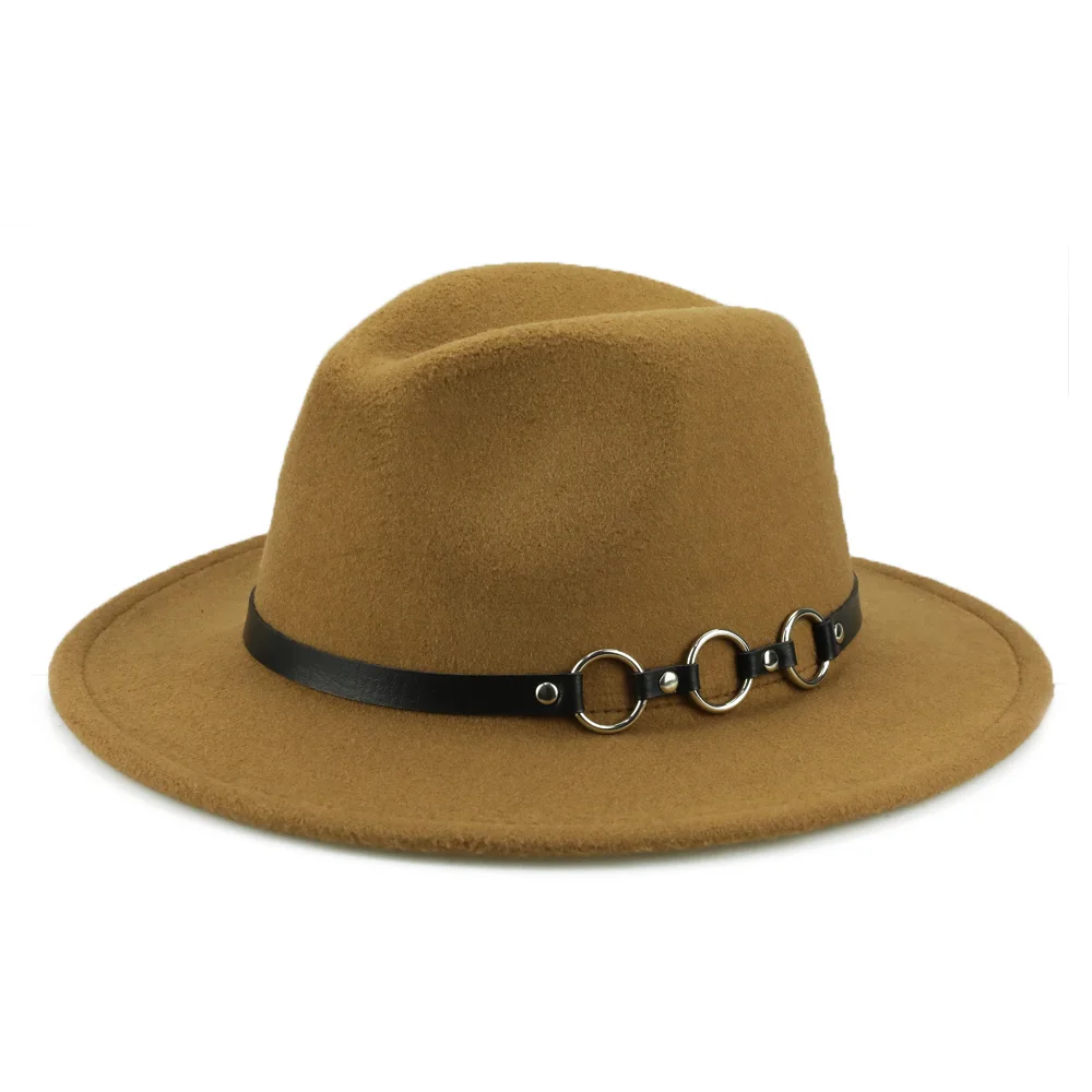 YY металлические кольца ремень Fedora кепки женские зимние с широкими полями фетровые шляпы мужские винтажные Трилби Джаз кепки весенние шапочки FD19065 - Цвет: Khaki Felt Cap