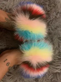 slippers Набор тапочек с натуральным лисьим мехом для женщин и женские сандалии с мехом цвета радуги яркие прозрачные сумочки и сумочки в комплекте женская меховая обувь - Цвет: slippers