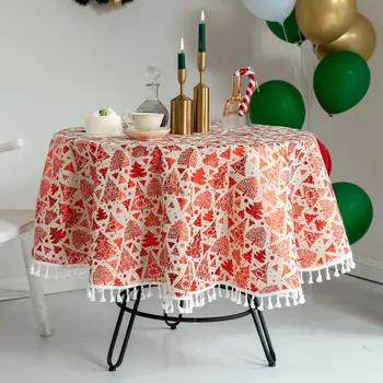 

Occidental Cotton Linen Round Tablecloth Colored Stripe Christmas Element Cover Washable Table Cloth for Tea Table