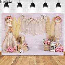 

Mocsicka 1st Birthday Photography Background Reed Flowers Tent Decoration Studio Props Boho Style Photo Backdrop Banner