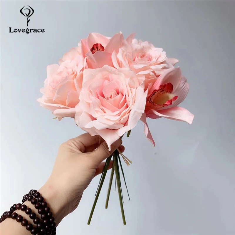 Розовый Lovegrace свадебный букет, искусственный шелк, букет цветов, розовая роза, Орхидея, подружка невесты, свадебные цветы, украшение для дома, вечерние - Цвет: Розовый