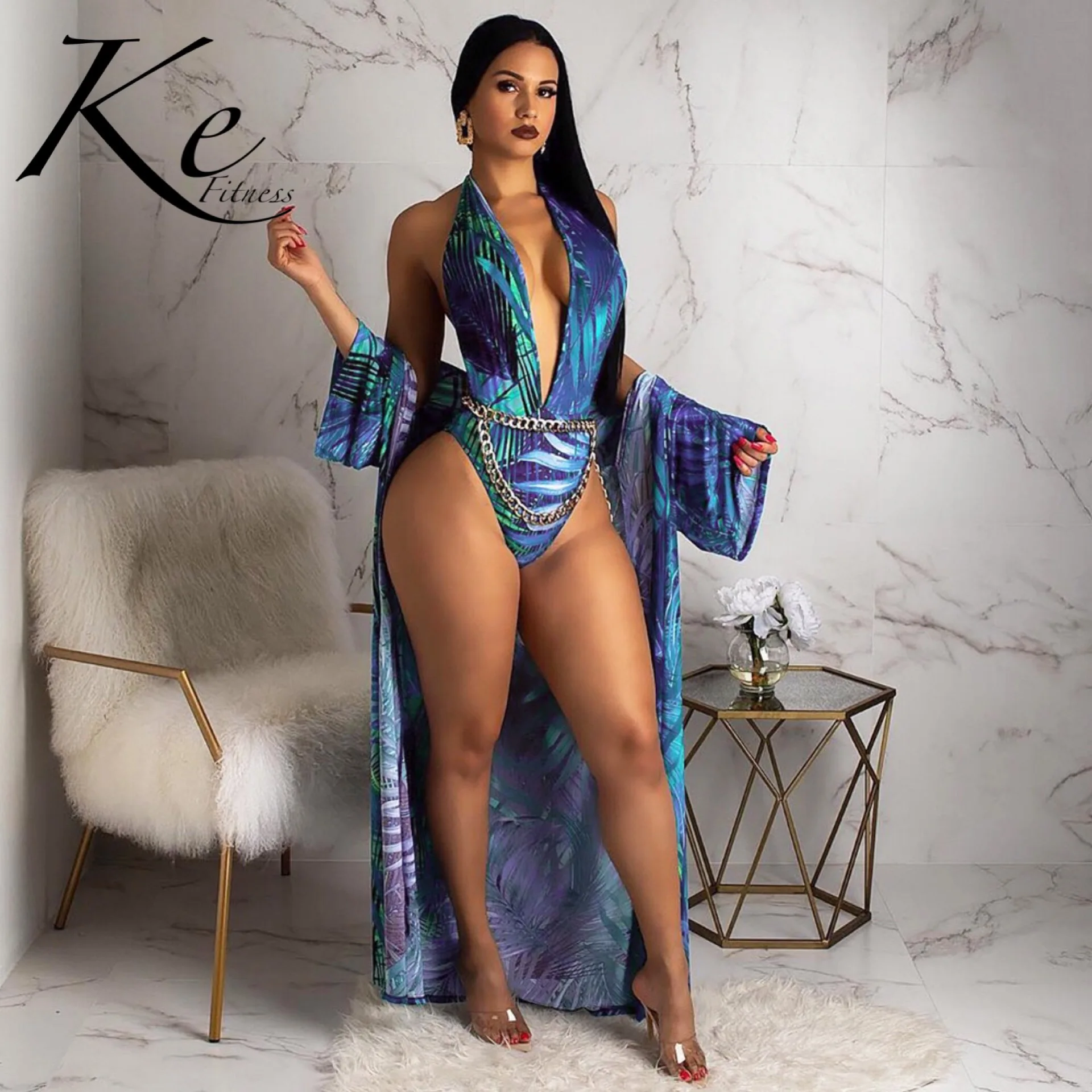 KE Fashion sexy print cloak + bikini Split swimsuit 1 piece tied around the neck fashion glamour new 2019 swimwear S to XXL KE Fashion sexy print cloak + bikini Split swimsuit 1 piece tied around the neck fashion glamour new 2019 swimwear S to XXL