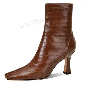 

LAIGZEM Women Ankle Boots Stretchty High Heeled Booties Faux Leather Dress Office Ladies Autumn Winter Shoes Woman Size 37 38 39