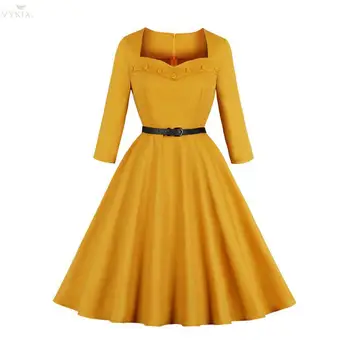 

Spring Office Dress Elegant Square Collar With Button Womens Dresses Solid Color Vintage Dress Swing Belted Cotton Party Dresses