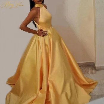 

BeryLove Bright Yellow Formal Evening Dress 2020 A line Keyhole Back Side Open Evening Gown Long Prom Dresses Robe De Soire