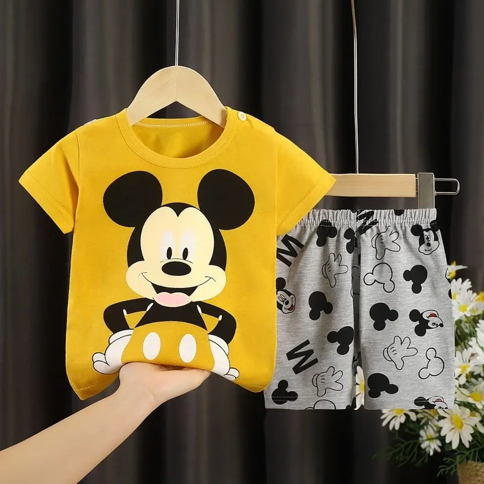 Brand Clothing Kids 2 Piece Set Mickey Print + Shorts Trousera Clothes Baby Toddler Children Short Sleeve Costume Outfit