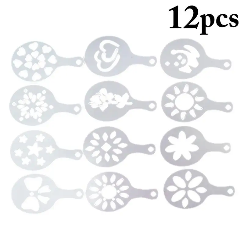 Kapmore 12Pcs/Set Coffee Moulds Reusable Plastic Cake Stencil Coffee Decorating Molds Coffee Tools Accessories Random Style