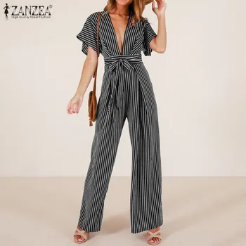 

ZANZEA Fashion Women Short Sleeve Striped Rompers Summer Deep V neck Jumpsuits Casual Playsuits Beach Long Wide Leg Bodysuit
