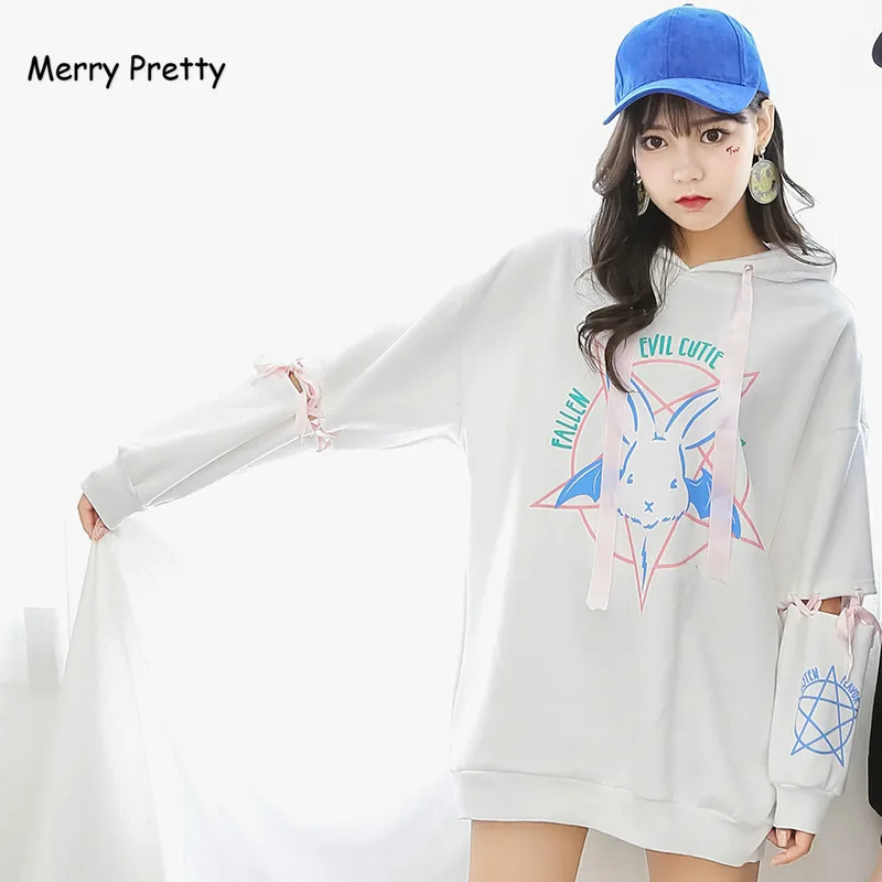 

Merry Pretty Harajuku Cute Lolita Women Tumblr Sweatshirt Rabbit Pentacle Print Lace Up Hoodies Loose Tracksuit Pullover Female