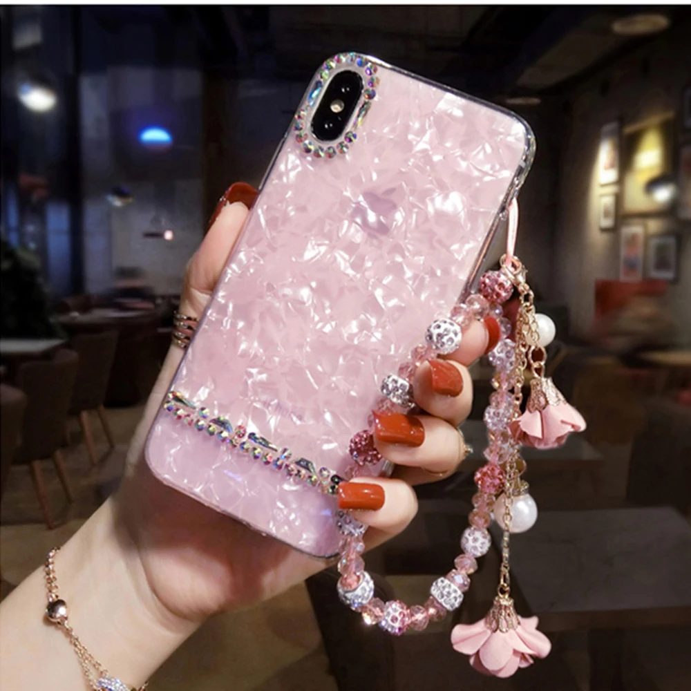 Браслет для iphone 13 12 11 Pro MAX XR XS 7 8plus 3D бриллиантовый жемчужный браслет с цветами и