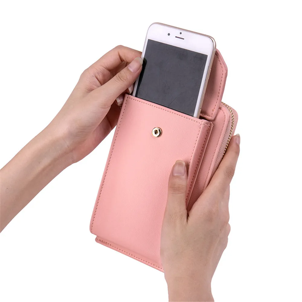 New Women Purses Solid Color Leather Shoulder Strap Bag Mobile Phone Bag Card Holders Wallet Handbag Pockets for Girls