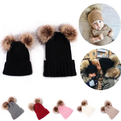 

Hot Winter Hats 1PCS Mom+Child Kids Baby Warm Bobble Knit Hats Fur Pom Crochet Family matching Hairball Beanie Ski Caps