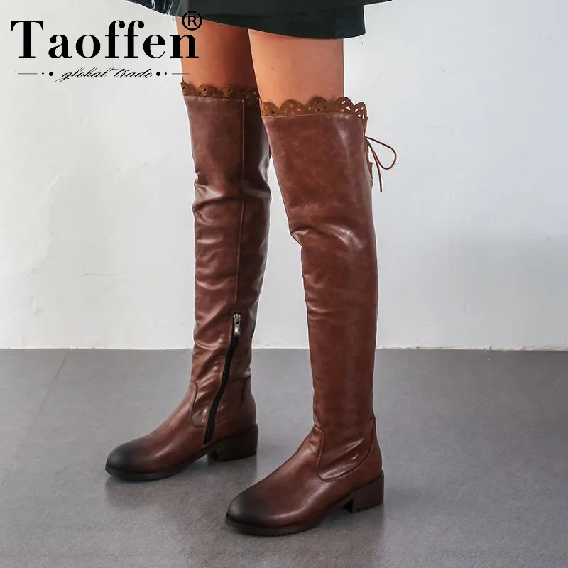 

TAOFFEN Size 34-48 2020 New Arrival Cross Strap Over The Knee Boots Round Toe Flats Outdoor Office Shoes Woman Winter Warm Boots