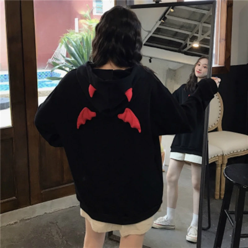 Spring Autumn Women Sweatshirts High Street Harajuku Cute Hoodies Punk Gothic Devil Horn Chic Hooded Pullover Loose Sweat CA6865